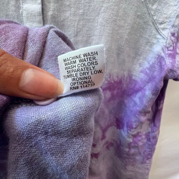 FLAX Tie Dye 100% Linen Women's Beachy Look Top Sz P Back Buttons Short Sleeve - Picture 5 of 9